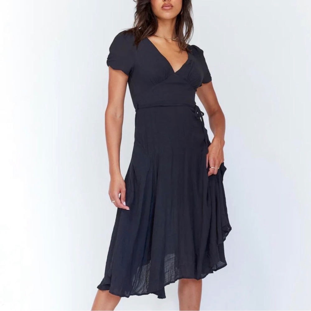 Princess Polly Black V-Neck Ruched Sleeve Tie Waist Midi Dress Size US 0